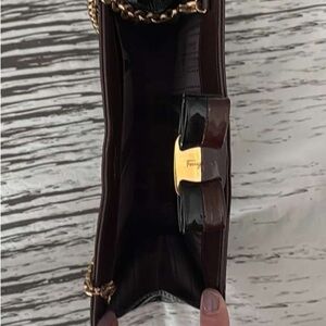 Salvatore Ferragamo Patent Bow Crossbody in Dark Brown with Gold Chain